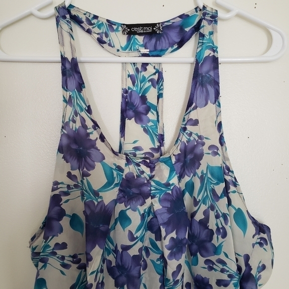 100% silk floral high low sleeveless top large - Picture 2 of 6